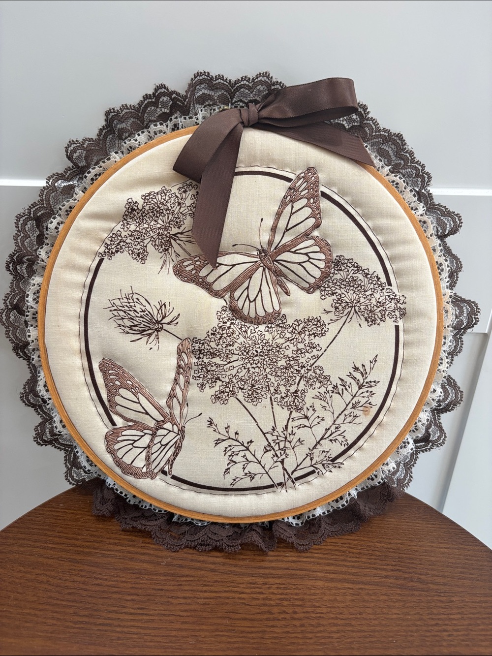 Butterfly Embroidered Round Wall Hoop in Cream and Brown